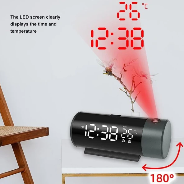 TechTic Projeksiyon Saat Silindir 180 Derece Çift Alarm Sıcaklık-Saat Yansıtmalı Çalar Saat Telefon Şarjı - Resim 2