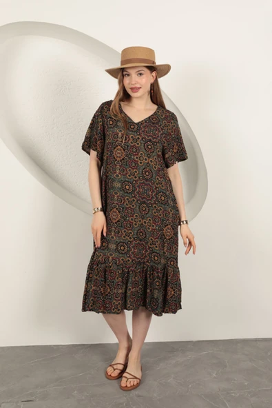 Viskon Kumaş Etnik Elbise-Yeşil ürün görseli