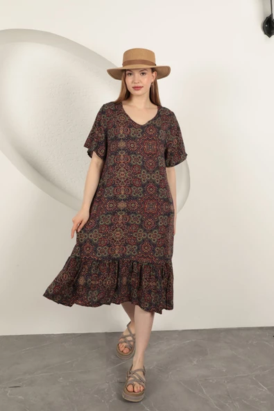 Viskon Kumaş Etnik Elbise-Mor ürün görseli