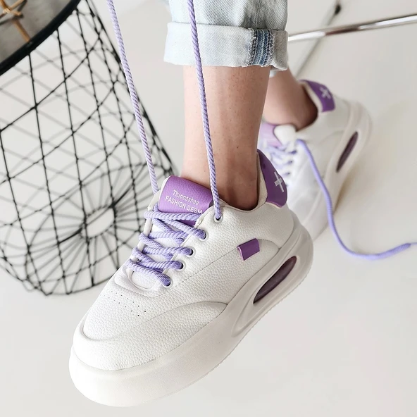 Chris Beyaz Cilt Lila Detaylı Bağcıklı Spor Ayakkabı - Resim 4