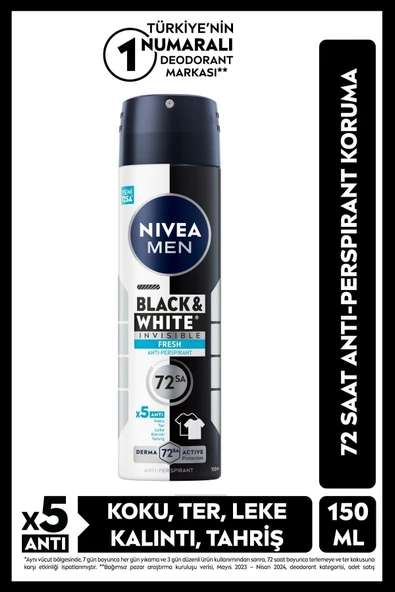 Nivea MEN Erkek Sprey Deodorant Black&white Invisible Fresh 150ml, 72 Saat Anti-Perspirant Ter Koruması