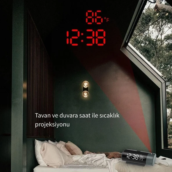TechTic Projeksiyon Saat Silindir 180 Derece Çift Alarm Sıcaklık-Saat Yansıtmalı Çalar Saat Telefon Şarjı - Resim 5
