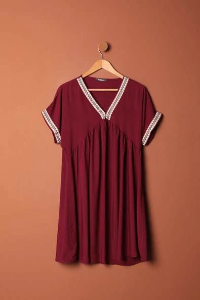 Viskon Kumaş Yakası Kolu Şerit Detaylı Elbise-Bordo ürün görseli