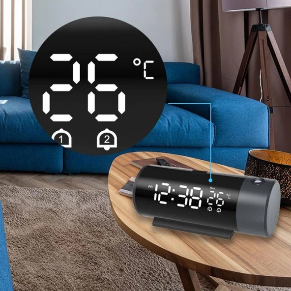 TechTic Projeksiyon Saat Silindir 180 Derece Çift Alarm Sıcaklık-Saat Yansıtmalı Çalar Saat Telefon Şarjı - Resim 4