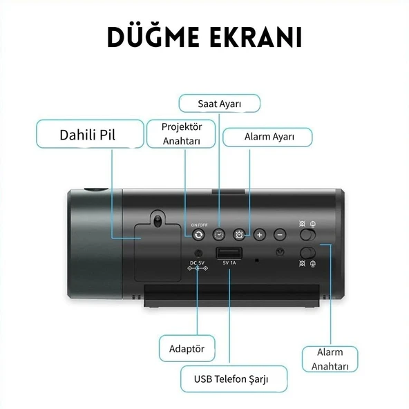 TechTic Projeksiyon Saat Silindir 180 Derece Çift Alarm Sıcaklık-Saat Yansıtmalı Çalar Saat Telefon Şarjı - Resim 8