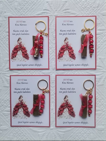 64 Adet Kişiye Özel Kına Hatırası Dağıtmalık Hediyelik Kırmızı Anahtarlık ve Paketlenmiş Kına - Resim 4