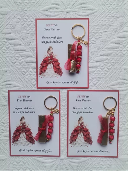 64 Adet Kişiye Özel Kına Hatırası Dağıtmalık Hediyelik Kırmızı Anahtarlık ve Paketlenmiş Kına - Resim 3