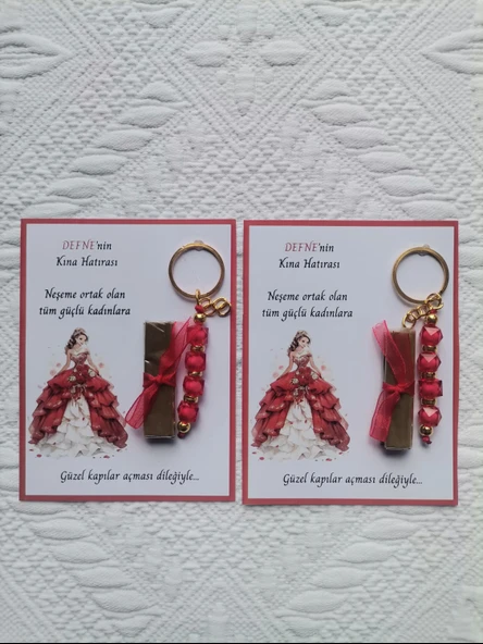 64 Adet Kişiye Özel Kına Hatırası Dağıtmalık Hediyelik Kırmızı Anahtarlık ve Paketlenmiş Kına - Resim 2
