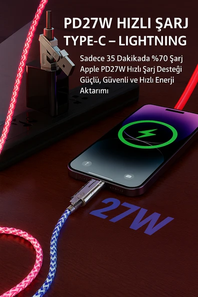 Renkli Işıklı 4’ü 1 Arada Çok Fonksiyonlu Hızlı Şarj Kablosu 60W Telefon, 27W Type-C to iPhone - 3