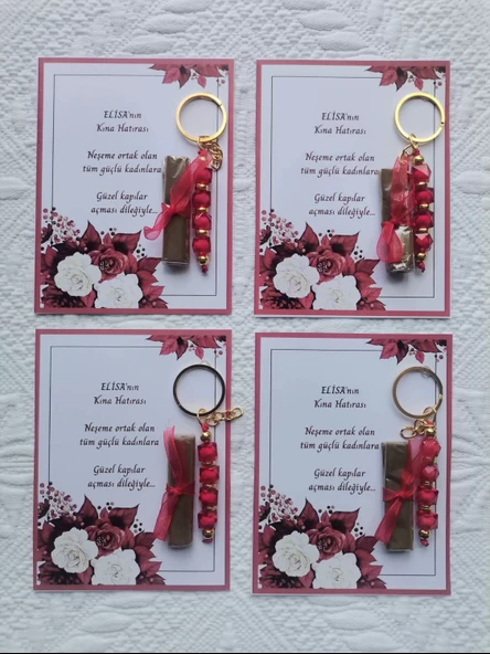 100 Adet Kişiye Özel Kına Hatırası Dağıtmalık Hediyelik Kırmızı Anahtarlık ve Paketlenmiş Kına - Resim 5