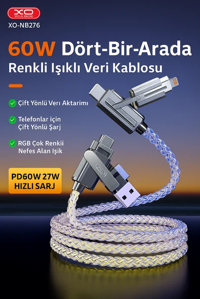 Renkli Işıklı 4’ü 1 Arada Çok Fonksiyonlu Hızlı Şarj Kablosu 60W Telefon, 27W Type-C to iPhone - 7