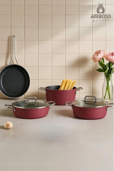 Anyolin 7 Parça Titanyum Kaplama Tencere Tava Seti (Bordo) ürün görseli