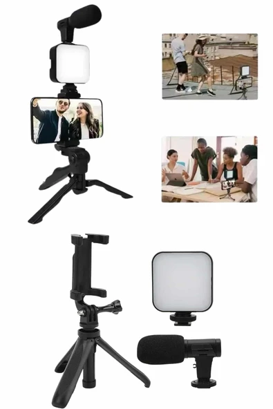 Telefon Tutucu Mini Mikrofonlu Tripod Vlog Çekim Video - 4