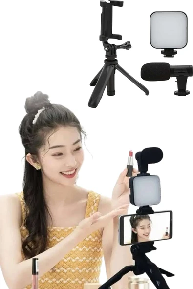 Tripod Telefon Tutucu Kumandalı Mikrofon Led Işık Vlog Video Kayıt - 4