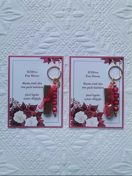 100 Adet Kişiye Özel Kına Hatırası Dağıtmalık Hediyelik Kırmızı Anahtarlık ve Paketlenmiş Kına - Resim 3