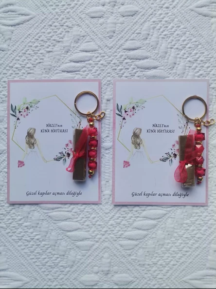 32 Adet Kişiye Özel Kına Hatırası Dağıtmalık Hediyelik Kırmızı Anahtarlık ve Paketlenmiş Kına - Resim 2