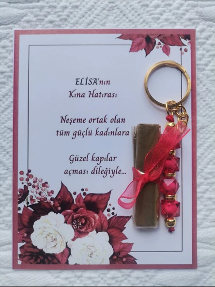 32 Adet Kişiye Özel Kına Hatırası Dağıtmalık Hediyelik Kırmızı Anahtarlık ve Paketlenmiş Kına ürün görseli