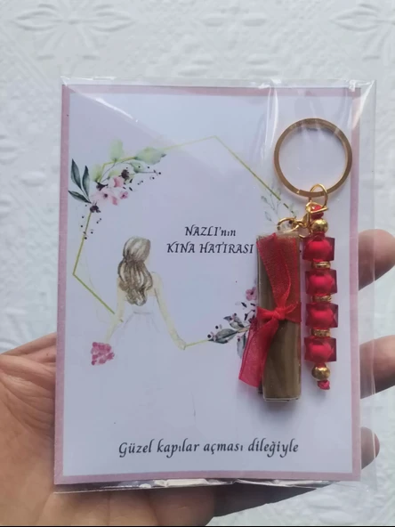 64 Adet Kişiye Özel Kına Hatırası Dağıtmalık Hediyelik Kırmızı Anahtarlık ve Paketlenmiş Kına - Resim 7