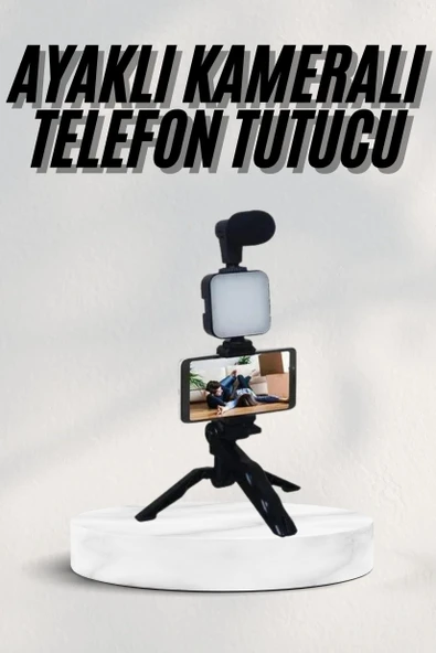 Telefon Tutucu Led Işıklı Kumandalı Mikrofon Telefon Vlog Video Kayıt ürün görseli