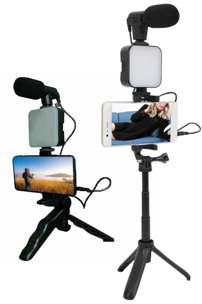 Telefon Tutucu Led Işıklı Kumandalı Mikrofon Telefon Vlog Video Kayıt - Resim 4