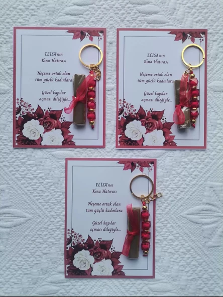 100 Adet Kişiye Özel Kına Hatırası Dağıtmalık Hediyelik Kırmızı Anahtarlık ve Paketlenmiş Kına - Resim 4