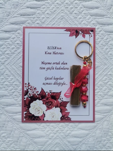 64 Adet Kişiye Özel Kına Hatırası Dağıtmalık Hediyelik Kırmızı Anahtarlık ve Paketlenmiş Kına - Resim 2