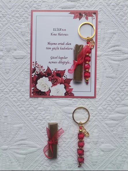 100 Adet Kişiye Özel Kına Hatırası Dağıtmalık Hediyelik Kırmızı Anahtarlık ve Paketlenmiş Kına - Resim 6
