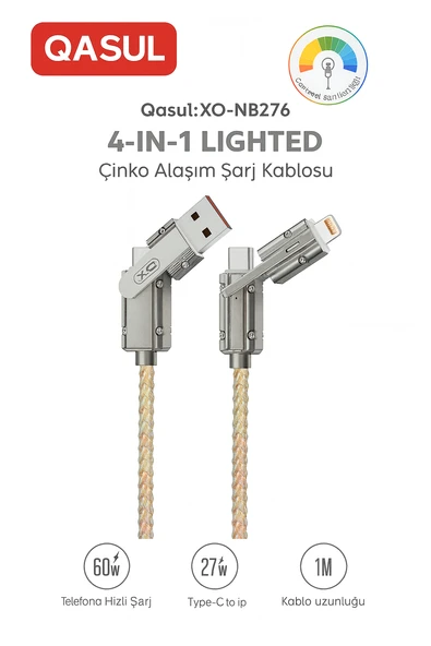 Renkli Işıklı 4’ü 1 Arada Çok Fonksiyonlu Hızlı Şarj Kablosu 60W Telefon, 27W Type-C to iPhone