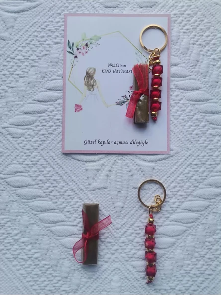 32 Adet Kişiye Özel Kına Hatırası Dağıtmalık Hediyelik Kırmızı Anahtarlık ve Paketlenmiş Kına - Resim 5