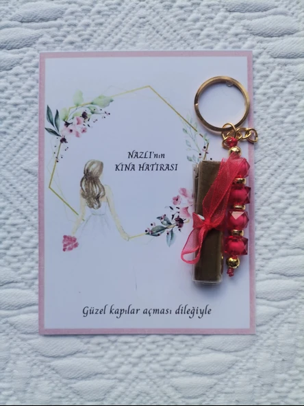 64 Adet Kişiye Özel Kına Hatırası Dağıtmalık Hediyelik Kırmızı Anahtarlık ve Paketlenmiş Kına - Resim 6