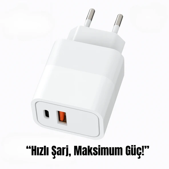 20W Hızlı Şarj Adaptörü - USB-A ve Type-C Çıkışlı, Kompakt ve Taşınabilir Tasarım - 3