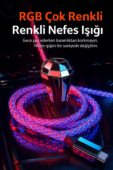 Renkli Işıklı 4’ü 1 Arada Çok Fonksiyonlu Hızlı Şarj Kablosu 60W Telefon, 27W Type-C to iPhone - 8