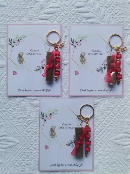 64 Adet Kişiye Özel Kına Hatırası Dağıtmalık Hediyelik Kırmızı Anahtarlık ve Paketlenmiş Kına - Resim 3