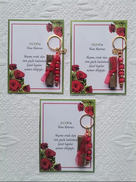64 Adet Kişiye Özel Kına Hatırası Dağıtmalık Hediyelik Kırmızı Anahtarlık ve Paketlenmiş Kına - Resim 3