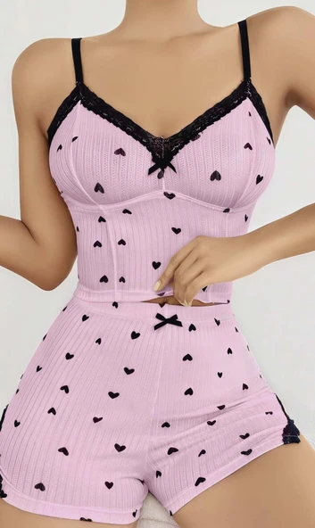 Litae Pembe Kalp Desenli Askılı Şortlu Pijama Takım ürün görseli 1