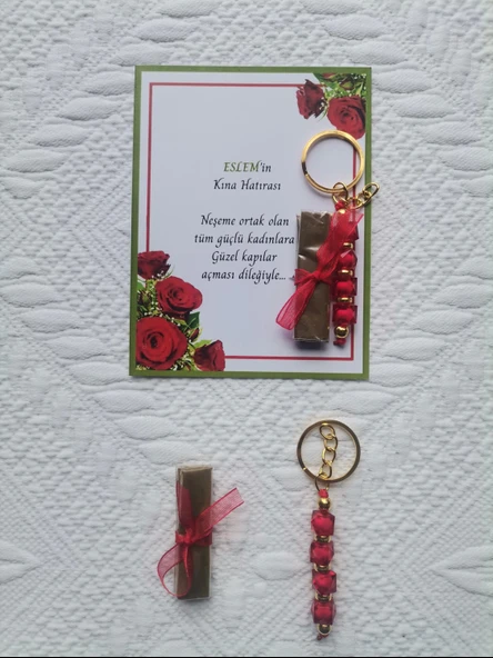 64 Adet Kişiye Özel Kına Hatırası Dağıtmalık Hediyelik Kırmızı Anahtarlık ve Paketlenmiş Kına - Resim 6