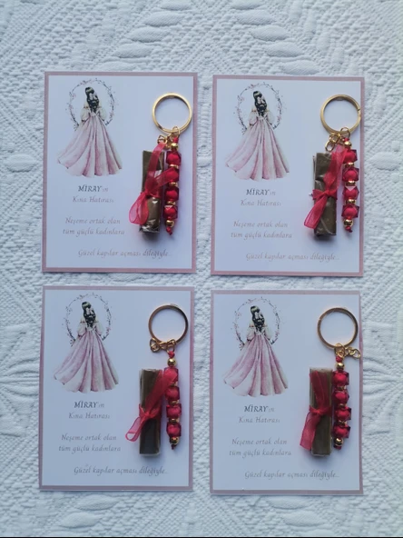 64 Adet Kişiye Özel Kına Hatırası Dağıtmalık Hediyelik Kırmızı Anahtarlık ve Paketlenmiş Kına - Resim 4