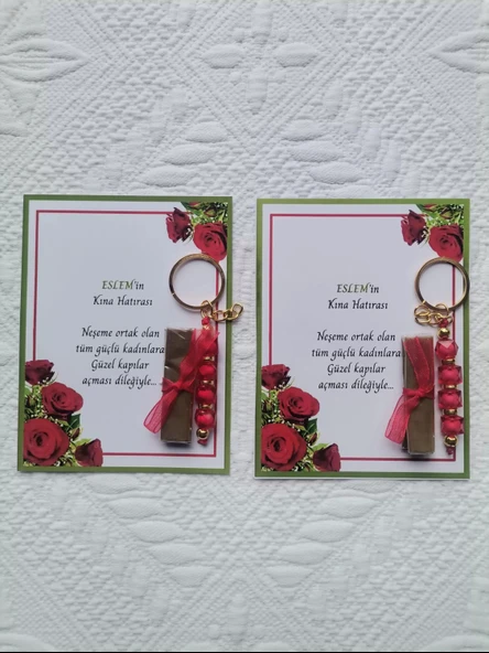 32 Adet Kişiye Özel Kına Hatırası Dağıtmalık Hediyelik Kırmızı Anahtarlık ve Paketlenmiş Kına - Resim 2