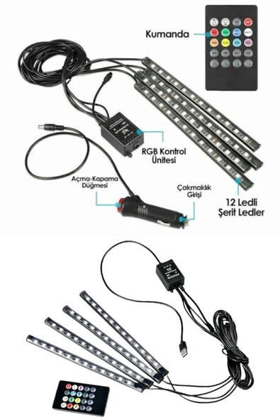 Araç İçi Ayak Altı Led 12 Led Işık Sese Müziğe Duyarlı RGB Işıklı Aydınlatma Seti - 3