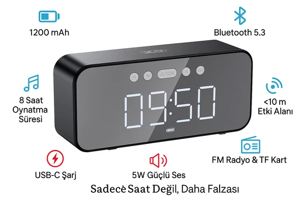 Dijital Ayna Ekranlı Bluetooth Hoparlör ve Çalar Saat  1200mAh Şarjlı - 3