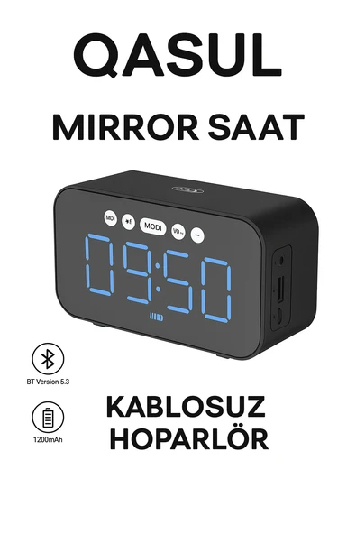 Dijital Ayna Ekranlı Bluetooth Hoparlör ve Çalar Saat  1200mAh Şarjlı