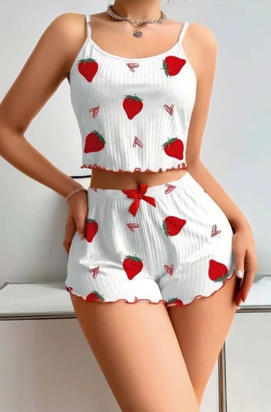 Litae Penye Kumaş Çilek Desen Beyaz Şortlu Takım ürün görseli 1