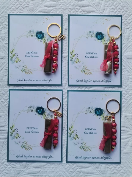 64 Adet Kişiye Özel Kına Hatırası Dağıtmalık Hediyelik Kırmızı Anahtarlık ve Paketlenmiş Kına - Resim 3