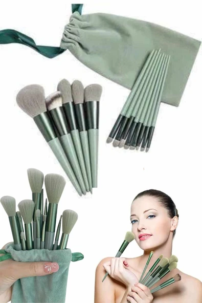 Makyaj Fırça Seti Yeşil 13 Parça Fondöten Fırçası Allık Fırçası Far Fırçası - 3