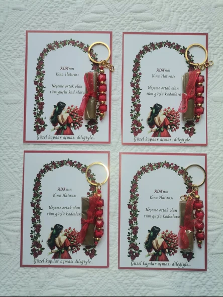 100 Adet Kişiye Özel Kına Hatırası Dağıtmalık Hediyelik Kırmızı Anahtarlık ve Paketlenmiş Kına - Resim 3