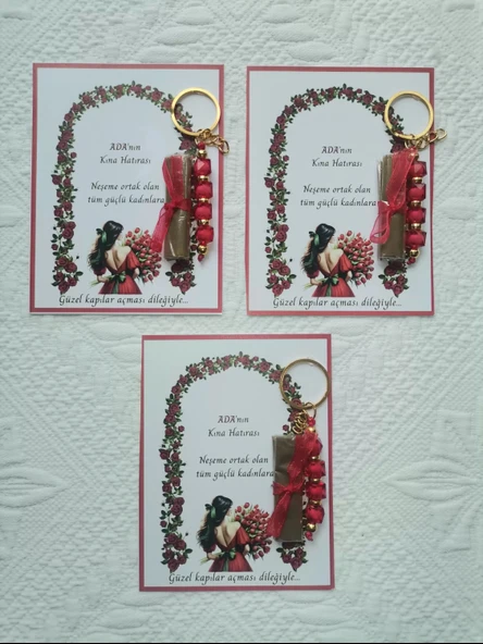 100 Adet Kişiye Özel Kına Hatırası Dağıtmalık Hediyelik Kırmızı Anahtarlık ve Paketlenmiş Kına - Resim 2