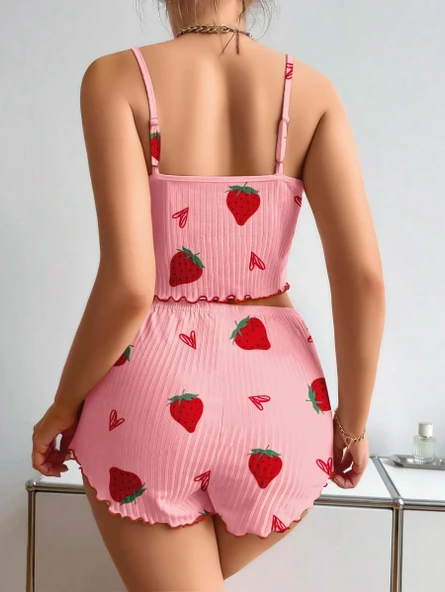 Litae Pamuklu Pembe Üstüne Çilek Desen Fitilli Askılı Şortlu Pijama Takımı - Resim 4