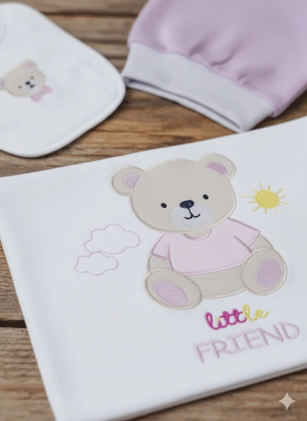 Yenidoğan, Bebek 10'lu Hastane Çıkışı, Zıbın Seti, %100 Pamuk, Ayı Nakışlı Hediyelik Set - Resim 3