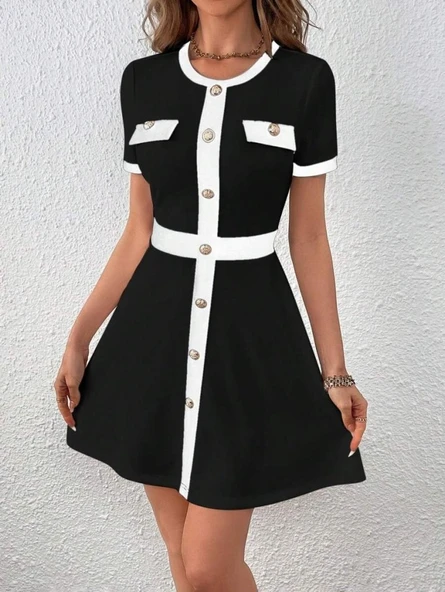 Kadın Kısa Kollu Bisiklet Yaka önden Düğmeli Modal Elbise - Resim 3