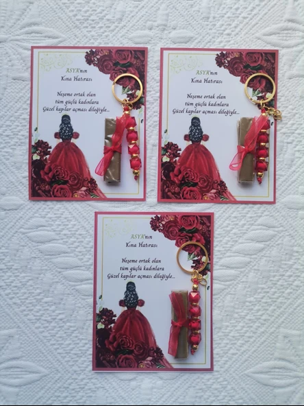 100 Adet Kişiye Özel Kına Hatırası Dağıtmalık Hediyelik Kırmızı Anahtarlık ve Paketlenmiş Kına - Resim 2